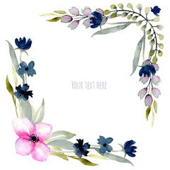 Watercolor pink and blue wildflowers and green branches corner borders, hand drawn isolated on a white background, Mother's day, birthday and other greeting cards 