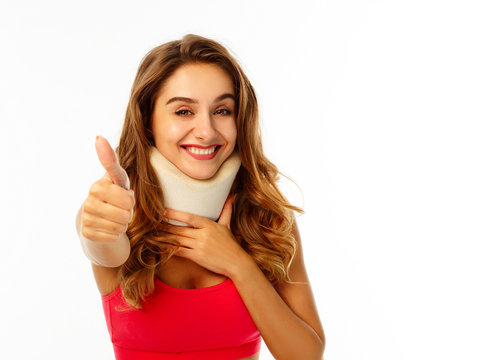 Young Beautiful Woman Wearing Medical Collar Over White Background