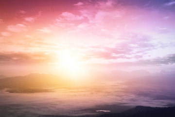 World environment day concept: Beautiful mountain sky autumn sunrise background. Nok Ann cliff, Phu Kradueng National Park, Loei, Thailand, Asia