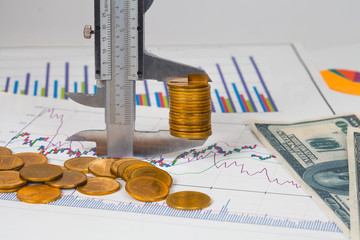 vernier measuring money coin on business chart ,business concept.