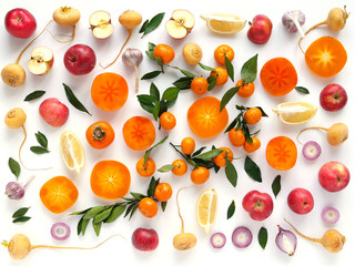 Creative flat layout of fruit and vegetables, top view. Sliced orange, lemon, persimmon, tangerine, green leaves isolated on white background. Food wallpaper, composition pattern of fresh fruits.	