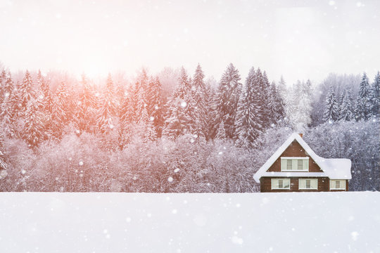 Wooden house with snow on the roof in the background of the forest. Winter wonderland