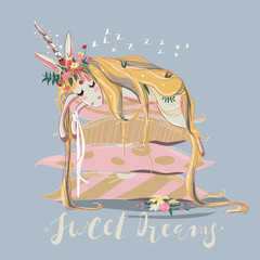 Cute, hand drawn unicorn sleeping (dreaming) on big stack of pillows. Graphic unicorn with flowers wreath on the horn, beautiful hair and ribbon. Kids print, poster, character design