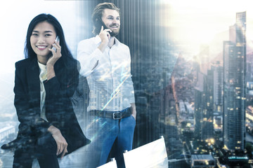 Multi ethnic business partners talk in phone while smiling. City scape background with copy space. Double exposure.  Blue tone