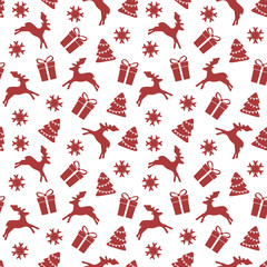 Christmas background. Seamless pattern with christmas trees, deer, gifts and snowflakes. - 184171101