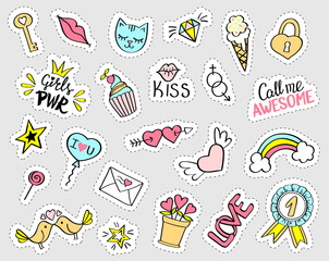 Fashion girly stickers set.  Collection of hand drawn fancy doodle pins, badges. Vector trendy illustration.