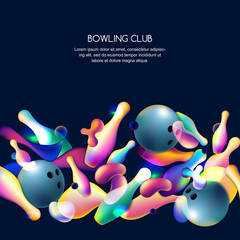 Vector glowing neon bowling background with multicolor 3d bowling balls and pins. Abstract colorful overlapping shapes illustration on black background.