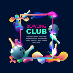 Vector glowing neon bowling background. Frame with multicolor 3d bowling balls and pins on black background. Abstract colorful overlapping shapes illustration.