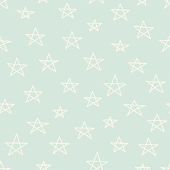 Abstract cute seamless pattern with thin line messy beige chaotic stars on mint. Infinity geometric pattern. Vector illustration.