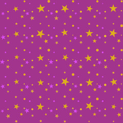 Fototapeta na wymiar Colorful festive seamless pattern, abstract background with yellow, violet, purple circles and stars on purple. Infinity geometric pattern. Wrapping paper. Vector illustration. 