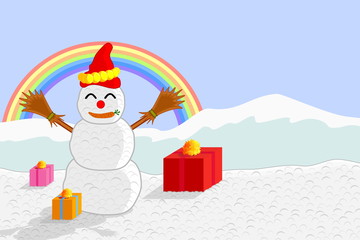 vector of snowman and gift boxes on the background of mountains and the rainbow.