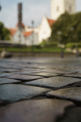 low angle shot of wet old pavement in Tallinn