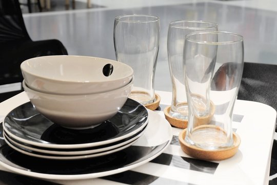 Set of Ceramic Plates with Bowls and Glass