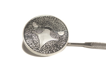 Silver coin with eagle reflection in a dental mirror