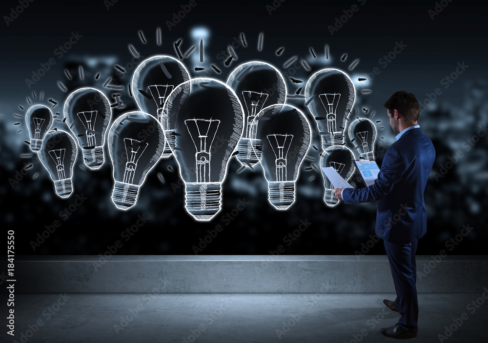 Poster businessman watching innovation sketch on a rooftop 3d rendering