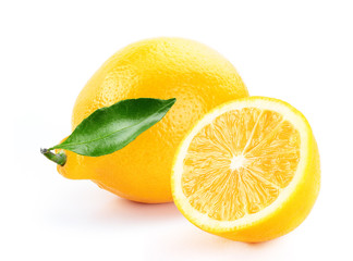 fresh lemon with slice and leaf isolated white background