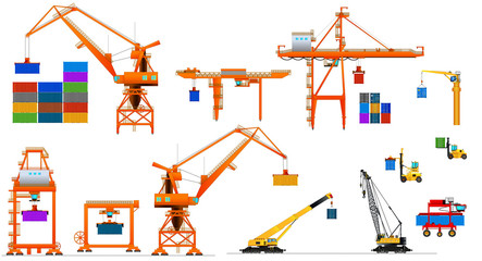 Harbor cargo cranes set, isolated