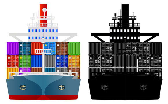 Container ship front view and silhouette, vector isolated