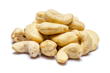 Roasted cashew nuts isolated on white background. Clipping path