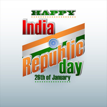 Holiday design, background with 3d texts, national flag colors and spinning wheel, for 26th of January, India Republic day, celebration