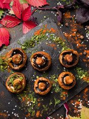 ready made delicious grilled mushrooms. dish of vegan restaurant. proper nutrition lifestyle.