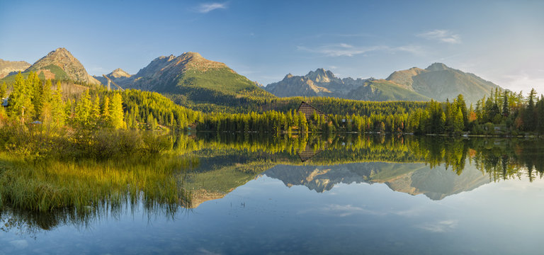 high resolution panorama of a mountain lake in the Tatra Mountains, Strbske Pleso, Slovakia