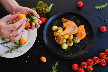 grilled chicken leg with vegetables recipe concept. cooking process. proper nutrition lifestyle.