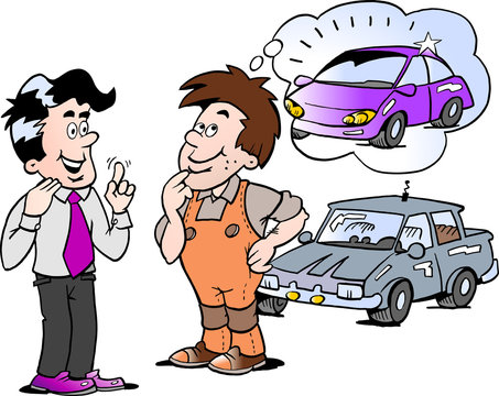Cartoon Vector illustration of a young man there thinking of buying a new auto car