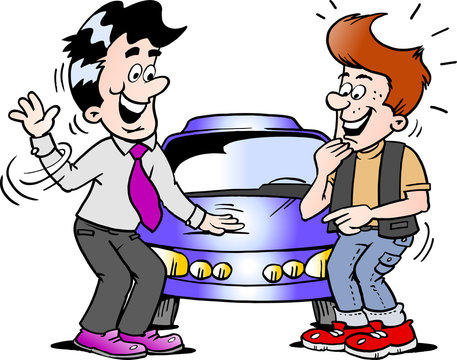 Cartoon Vector illustration of a young man there thinking of buying a new sports car