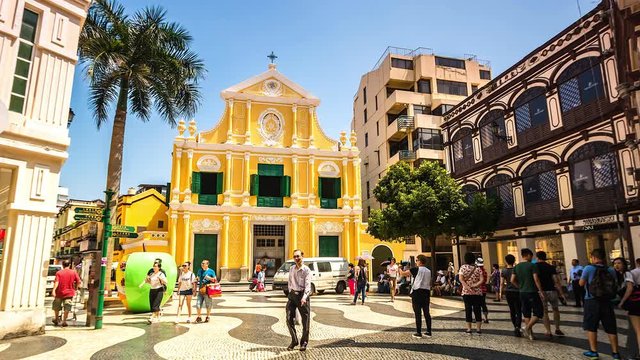 4K Timelapse of people at the old church named St.Dominic's Church at the historical Senate square (Largo Senado) in Macau, China