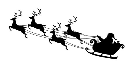 Santa Claus flying with reindeer sleigh. Black Silhouette. Symbol of Christmas and New Year isolated on white background. Vector illustration. Cartoon style