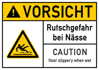 ks256 Kombi-Schild - German / Gefahrenzeichen: Vorsicht - Rutschgefahr bei Nässe - Plakat zweisprachig - english / hazard sign: Caution - floor slippery when wet - bilingual DIN A2 A3 poster g5710