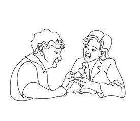 Caring for the elderly.Consultation medical diagnosis.A nurse taking care of a sick elderly woman.doctor gives pills to patient.Medical treatment and healthcare poster.Caregiver elderly. lines