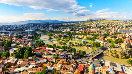 Panoramic view of Tbilisi city from the Narikala Fortress, old town and modern architecture. Tbilisi the capital of Georgia © miklyxa