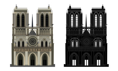 Notre Dame Cathedral, with silhouette, isolated vector - obrazy, fototapety, plakaty
