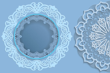 Template for design -  round frame with lace edges and  3D mandala on the side. Template for wedding and other congratulations. There is a place in the frame for text, pictures, photos. Vector.