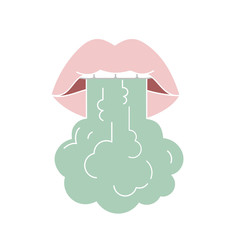 Breath design concept. Open mouth with steam.Bad breath icon in flat style.Cavity oral mouth. Outline vector cartoon style. Color concept art. Stench vapor, stink green aroma with holes 