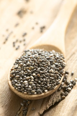 Samen der Mexikanischen Chia (lat. Salvia hispanica) auf kleinem Holzlöffel, fotografiert mit natürlichem Licht (Selektiver Fokus, Fokus ein Drittel in die Chia auf dem Löffel)