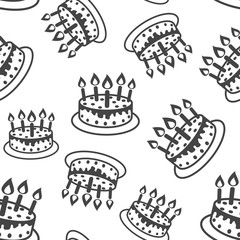 Cake with candle seamless pattern background. Business flat vector illustration. Cake pie sign symbol pattern.