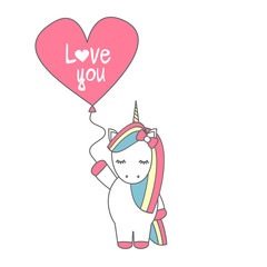 cute cartoon vector unicorn with balloon with hand drawn lettering love you text