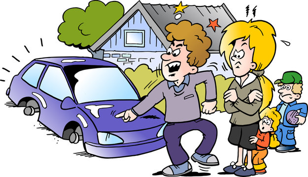 Cartoon Vector illustration of a angry family man pointing at his new auto car
