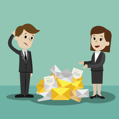 Businessman or manager finding himself going to be busy and colleague helps him. Team work. Partnership. A lot of emails