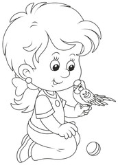 Black and white vector illustration of a girl playing with her small parrot