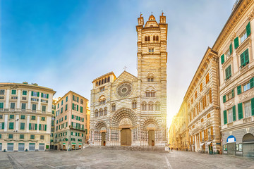 Panorama of Piazza San Lorenzo in the morning with Cathedral of Genoa, Italy - obrazy, fototapety, plakaty