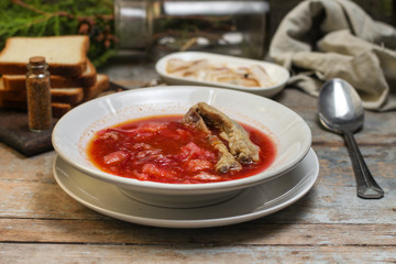 the first dish - red soup with meat (borsch)