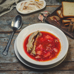 the first dish - red soup with meat (borsch)