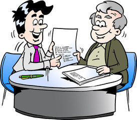 Cartoon Vector illustration of an business man and a older man having a business meeting