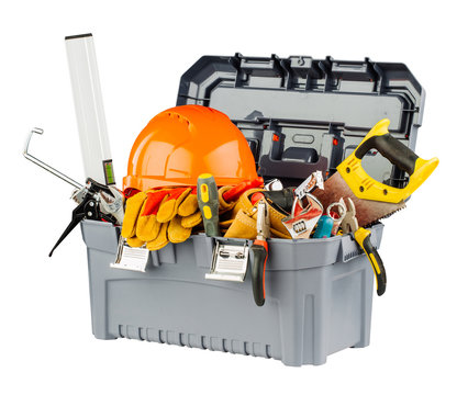 grey toolbox with orange helmet