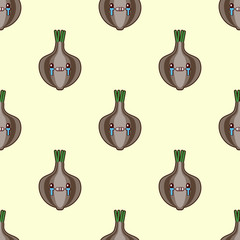Seamless pattern with cute cartoon onion on yellow background. Vector vegetable emoticon. Flat design illustration EPS10