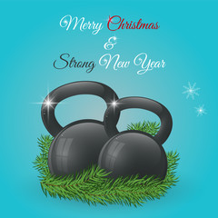 Naklejka na ściany i meble Christmas and New Year greeting card with kettlebells and pine branches